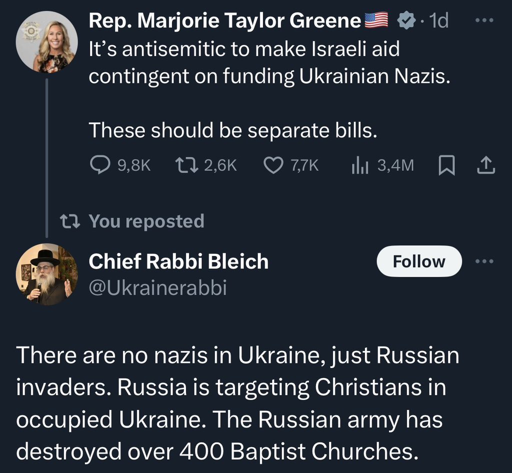 A brilliant response by Chief Rabbi Bleich to the accusations of the pro-russian propagandist Marjorie Taylor Greene. I just cannot believe that we have elected somebody like MTG to the US Congress. As a nation, are we really that broken and morally bankrupt?!