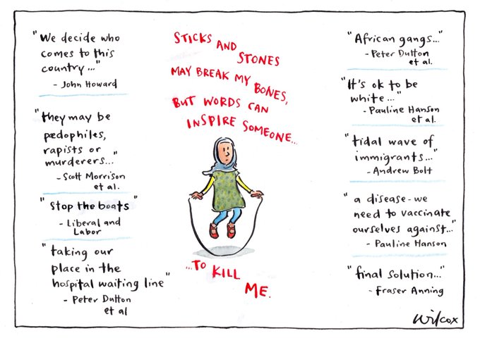 I'm sorry this guy was injured. Violence is never the answer. Relieved that no-one died in the knife attack. But maybe this guy and his followers could learn from what Cathy Wilcox captured so perfectly after the mass murder of Muslims in Christchurch. Just a thought. #auspol