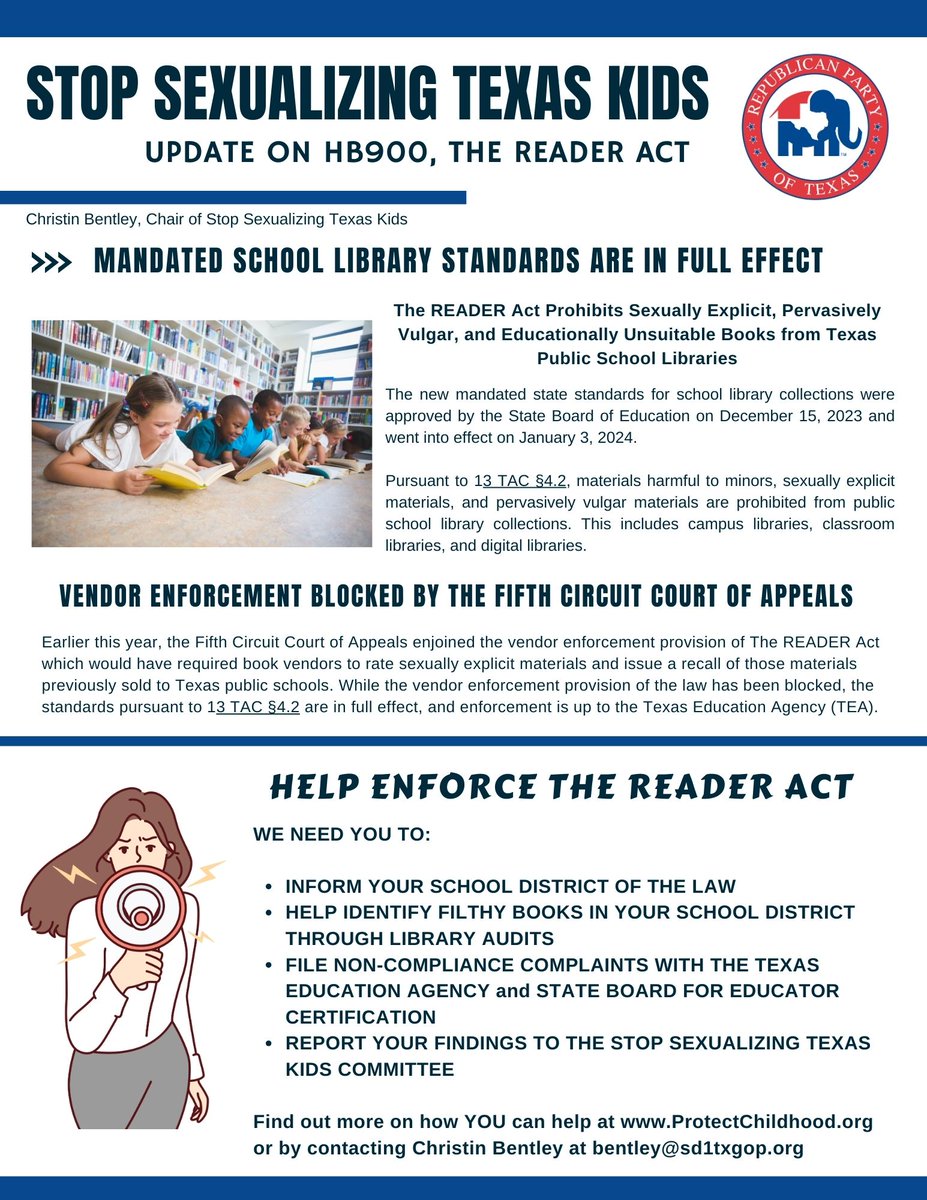 🚨Help Enforce HB 900, The READER Act, in your local ISDs by ...

INFORMING YOUR SCHOOL DISTRICT OF THE LAW

HELPING TO IDENTIFY FILTHY BOOKS IN YOUR SCHOOL DISTRICT THROUGH LIBRARY AUDITS

FILING NON-COMPLIANCE COMPLAINTS WITH THE TEXAS EDUCATION AGENCY and STATE BOARD FOR