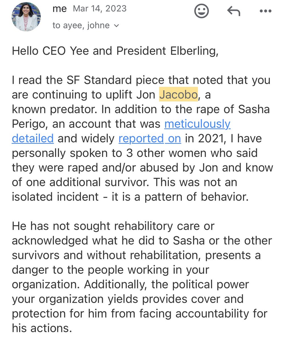 nadiarahmansf's tweet photo. How dare Yee lie &amp; claim TODCO wasn’t aware “of the issues raised today” - that’s a lie.

Both Yee &amp; Elberling of TODCO were aware that there were multiple women who made allegations of abuse &amp; rape against Jacobo. 

Receipts: I sent them the email below on March 14, 2023. https://t.co/vHbkBGmLRr