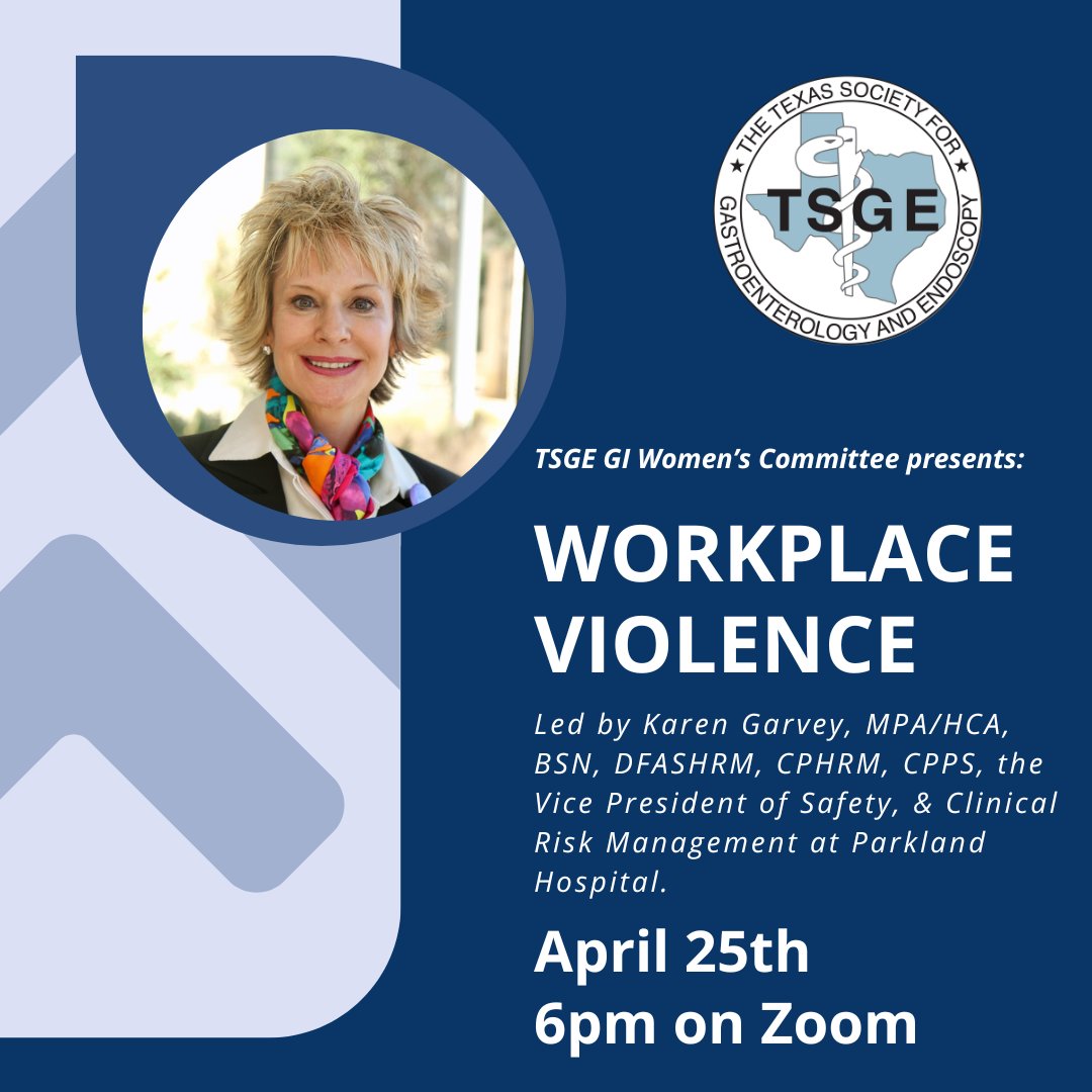 The GI Women’s Committee is hosting a virtual event next Thursday 📆 discussing workplace violence with Karen Garvey of Parkland Health. Register here: bit.ly/49HeonN