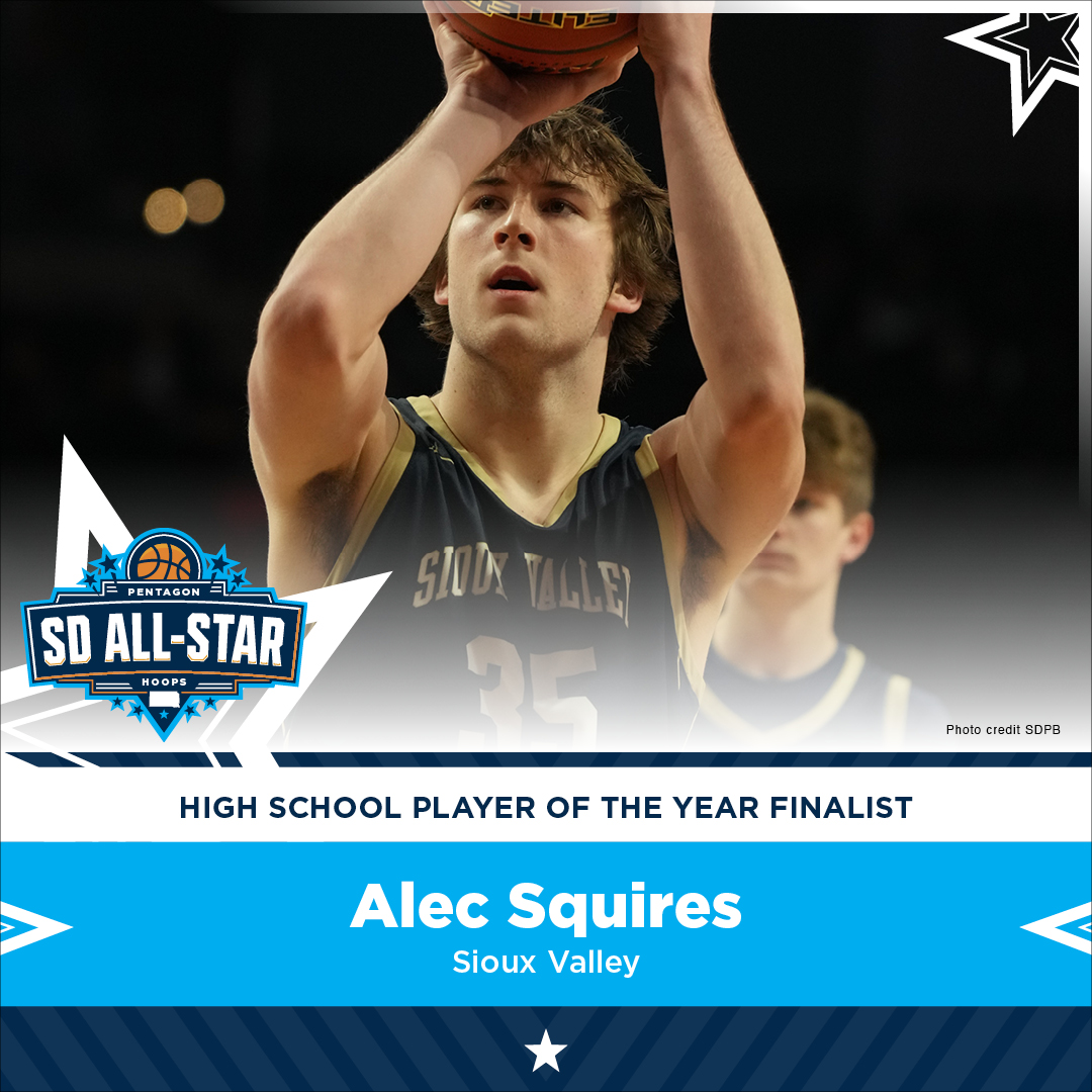 3rd nominee for ⭐ SD All-Star ⭐ boys player of the year: @squires_alec, a 6-foot-10 center from Sioux Valley. Alec set program records & led his team to their 4th straight state tourney this season. The @sanfordhoops_sf player will play for @GoJacksMBB. #SanfordSports