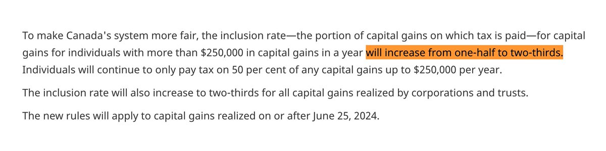 Bad day for Entrepreneurship in Canada 🇨🇦👎. Capital gains tax rate is increasing from a 50% inclusion to 66%.

This increases the net capital gains tax rate from 27% to 36%...

Compared to the US which has a 20% capital gains tax rate (+ major incentives like QSBS)

In my