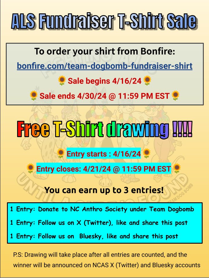 NCAS & Team Dogbomb are launching a T-Shirt sale to benefit ALS United NC ! bonfire.com/team-dogbomb-f… We are also drawing a lucky winner for a free shirt! Be sure to Like / Follow / Share this post to enter Donate to NCAS gets you 1 extra entry! secure.alsnc.org/goto/ncas
