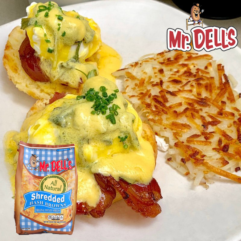 Celebrate Eggs Benedict Day by serving Mr. Dell's Hash Browns as a side or layer of your Eggs Benedict. Mr. Dell's Hash Browns are all-natural with no additives. More on mrdells.com. #mrdells #hashbrowns #preservativefree #hashbrownrecipes #veggie #eggsbenedictday🍳
