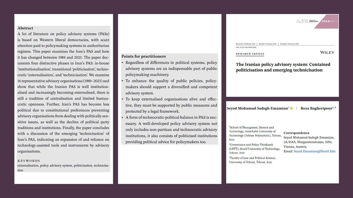 📣🆕Early view❗️ How has the #PolicyAdvisorySystem in 🇮🇷 evolved between 1983 and 2023❓ Seyed Emamian & Reza Bagheripour examine 1⃣6⃣ advisory organisations & point to 4⃣ phases of #Iran's #PolicyAdvisorySystem👇 onlinelibrary.wiley.com/doi/10.1111/14…