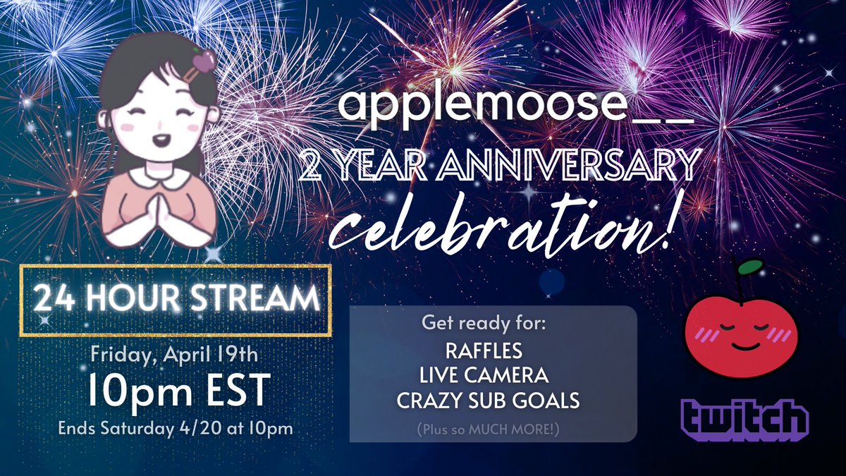 applemoose__'s tweet photo. Well, here it is. The official announcement. :] A 24 Hour stream to celebrate two years on Twitch...... 2 years.✨ Wow. What a journey. I hope you'll come stop by this weekend!!! 💕🍎 https://t.co/pO5U3WxyDp