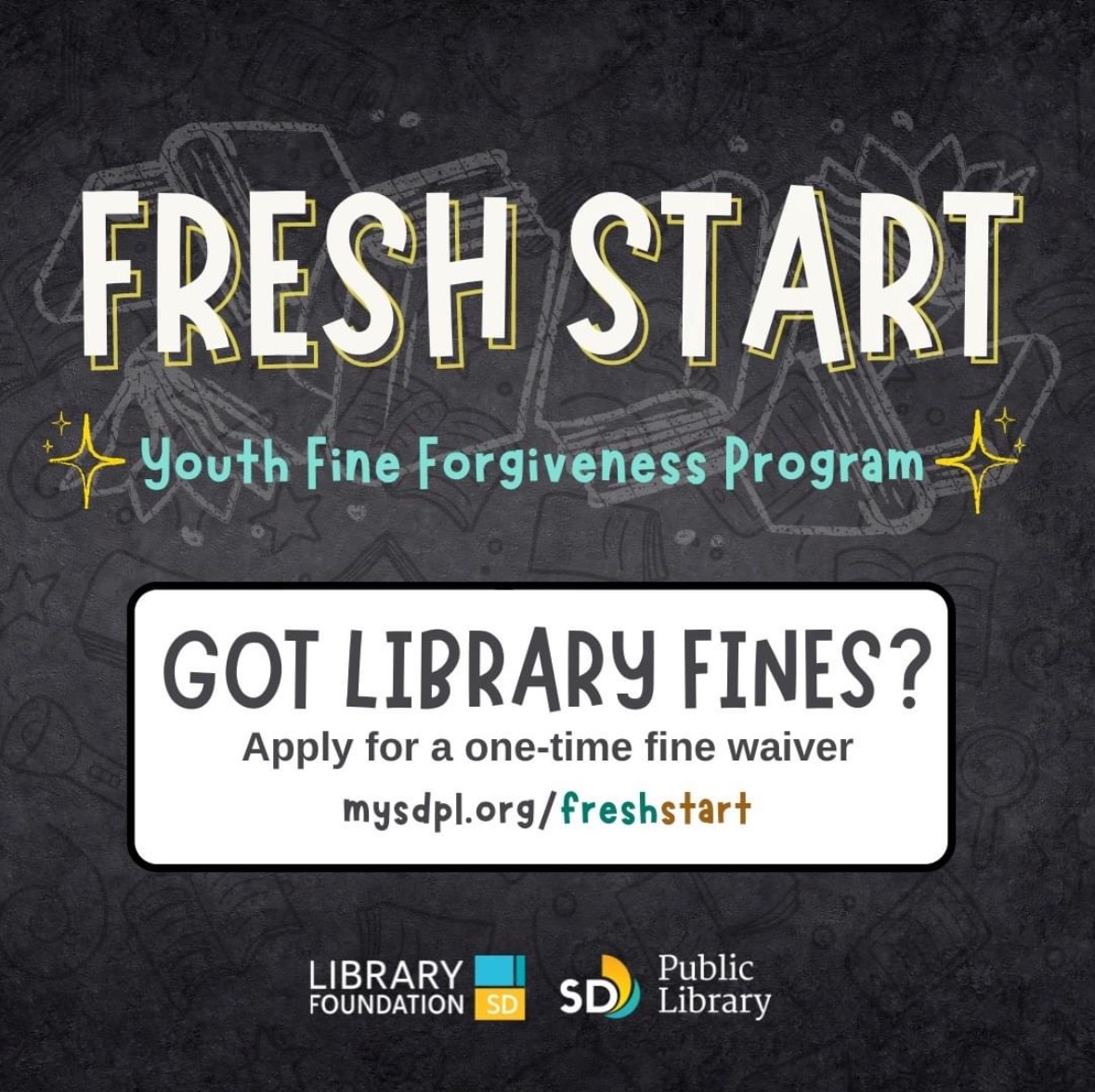 Library Foundation SD is proud to help fund and support Fresh Start, The Youth Fine Forgiveness Program 📚 ! To learn more about Fresh Start, including how you can apply, visit: mysdpl.org/freshstart #LibraryFoundationSD #FreshStart #SDPL #FineForgiveness