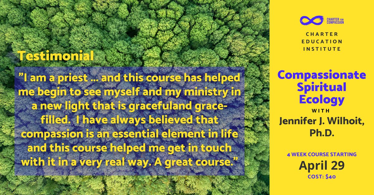 Register for 'Compassionate spiritual Ecology' with Dr. Jennifer Wilhoit (@TEALarbor). Course begins April 29! ✨ Learn more and register here: charterforcompassion.org/charter-educat… ♾️
#OnlineLearning #onlinecourse #ecourse #elearning #environment #ecology #spirituality #OneEarth #Oneness