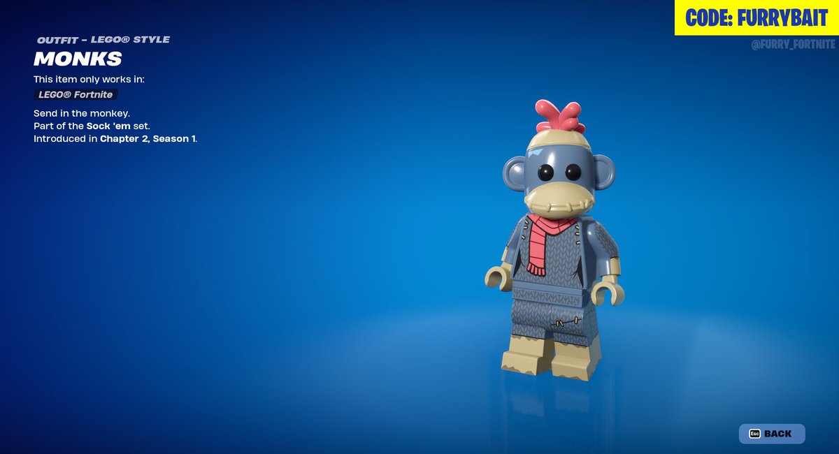 Monks, from the Sock Em set, is back on the Item Shop today thanks to the Banana Day tab! Monks comes in two styles, has a LEGO version, and she has a banana back bling.

Use code FURRYBAIT on the Item Shop to support us #EpicPartner #FurryFortnite