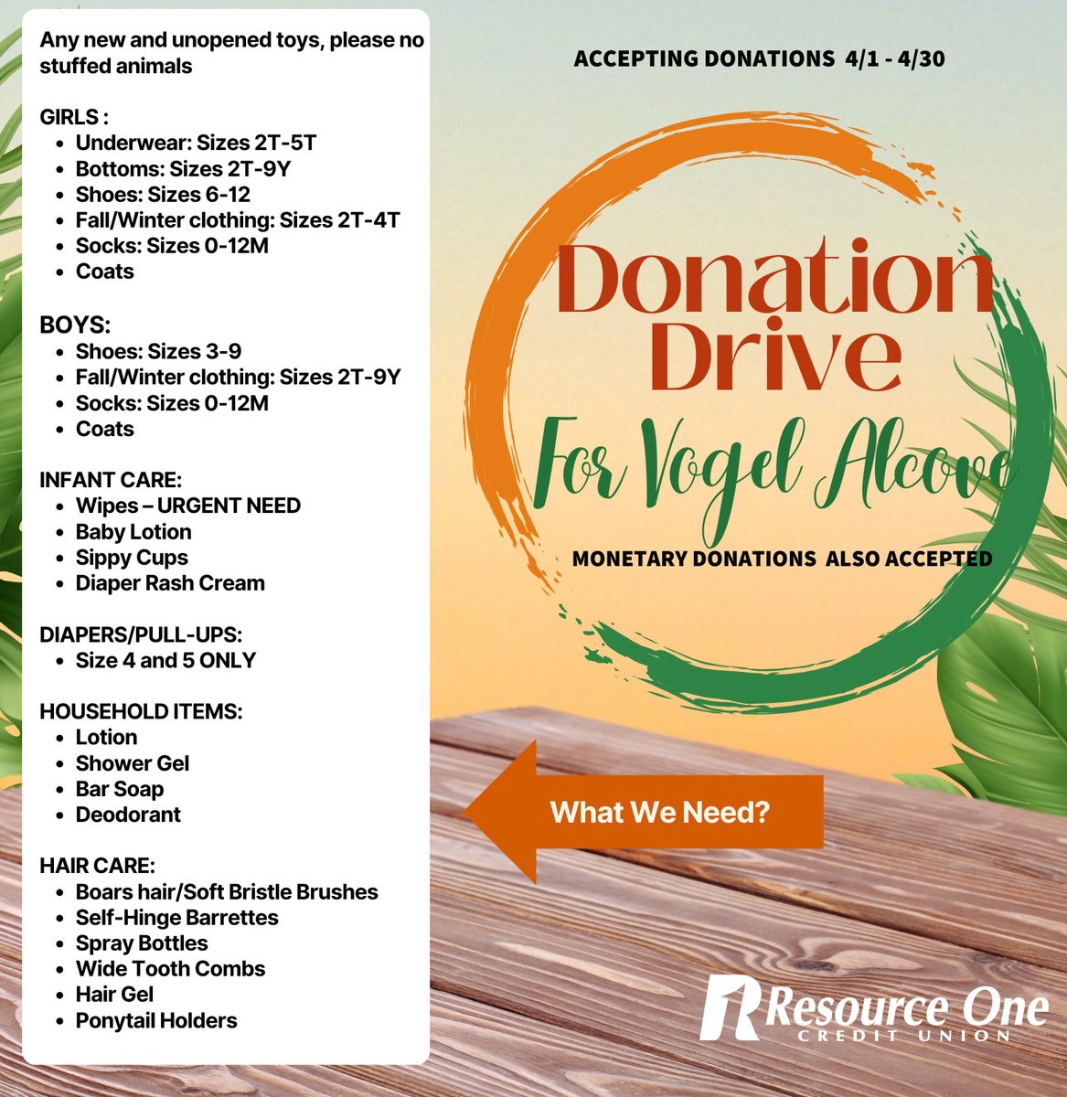 Help us make a difference! Donate in our DALLAS branches to our Vogel Alcove drive until April 30th! #R1CU
