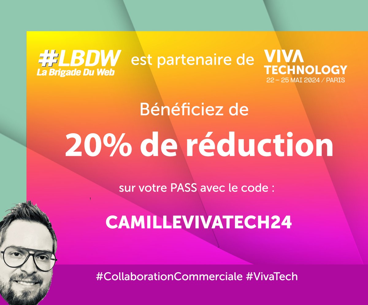 Comment bénéficier d'une réduction sur votre PASS pour #VivaTech ? Dans le cadre du partenariat entre @LaBrigadeDuWeb et @VivaTech, vous pouvez profiter d'un tarif avantageux. 👉 Utilisez le code CAMILLEVIVATECH24 pour avoir 20% de réduction. #CollaborationCommerciale