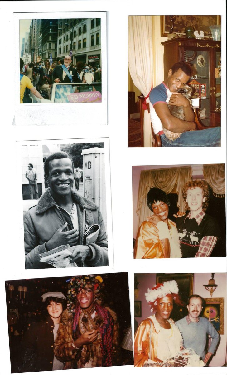 Super rare collage featuring the iconic Black trans woman and gay rights advocate, Marsha P. Johnson. One photo shows her holding a dog with a radiant smile; another depicts her wearing beautiful flowers and a stunning faux coat. Credit to the photographer; date unknown. 📸