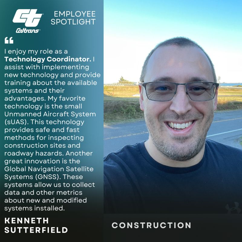 In today’s #EmployeeSpotlight, meet Kenneth Sutterfield who serves as a Resident Transportation Engineer for the North Region Construction (West Area). His work helps keep Caltrans workers and the public safe. #NationalWorkZoneAwarenessWeek #NWZAW @CAgovernor @CA_Trans_Agency