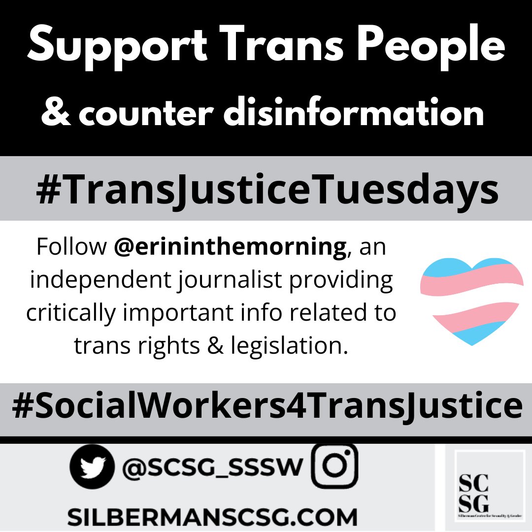 Happy #TransJusticeTuesdays - follow & support @ErinInTheMorn for thorough, up to date in re: trans rights & legislation. #SocialWorkers4TransJustice #TransJusticeTuesdays