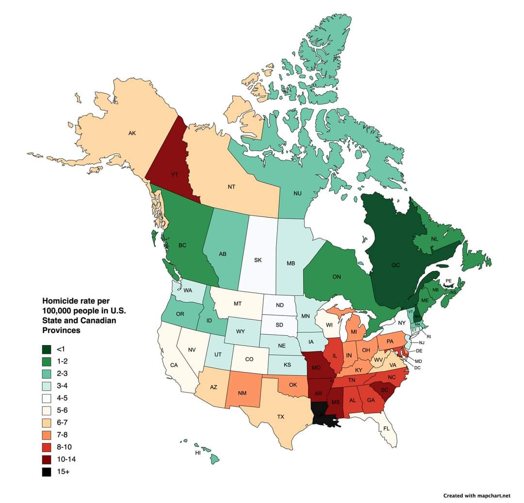 Homicide rate by US State and Canadian Province in 2020 (rate per 100,000 people)