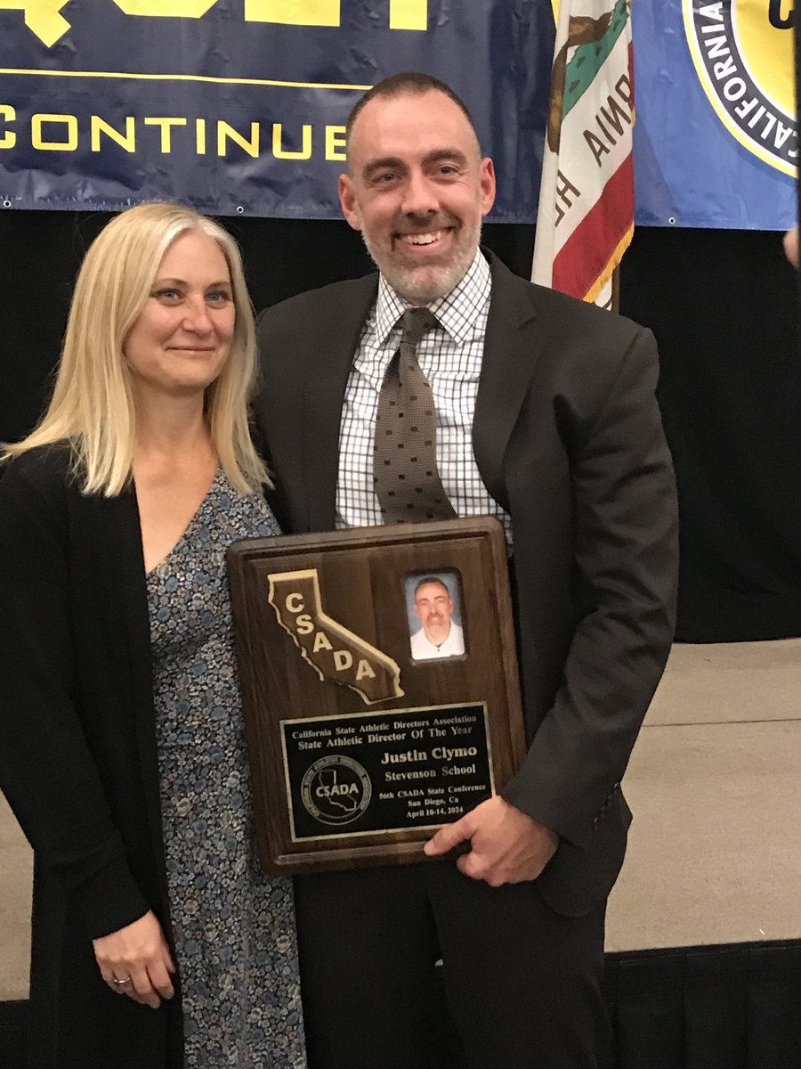 Congratulations to Justin Clymo of Stevenson School, announced in San Diego over weekend as the California State Athletic Director of the Year!!! Justin is shown here with his wife, Amy, at the CSADA banquet. Thanks, Justin, for so ably representing Stevenson and PCAL!