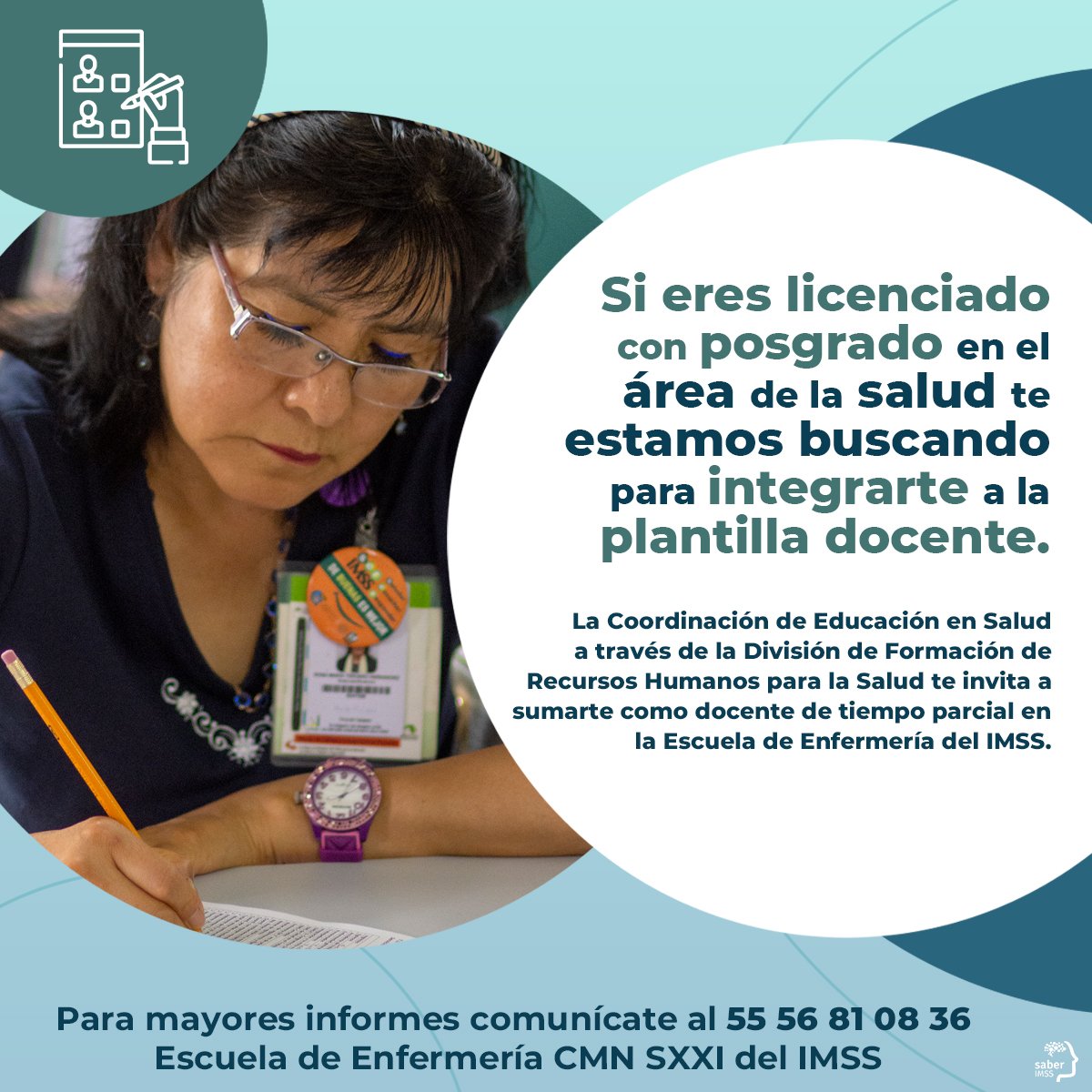 Saber_IMSS's tweet photo. ¡Únete a nuestra plantilla #DocenteIMSS!

¿Eres un apasionado de la enseñanza? ¡Esta es tu oportunidad! La Coordinación de Educacióon en Salud está buscando talentosos docentes de tiempo parcial en las Escuelas de Enfermería del Instituto 👇🏾👇🏾👇🏾 https://t.co/JDl1LLUOTD