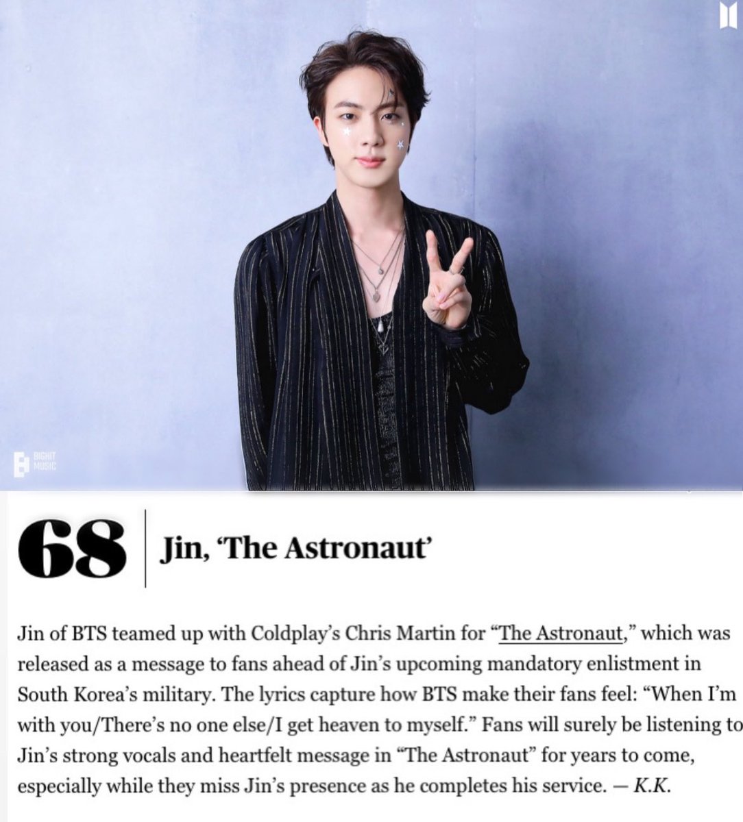 In December 2022, “The Astronaut” by Jin ranked no.68 on Rolling Stone’s Top 100 Best Songs Of 2022 List!

“Jin of BTS teamed up with Coldplay’s Chris Martin for “The Astronaut,” […]. Fans will surely be listening to Jin’s strong vocals and heartfelt message in “The Astronaut”…