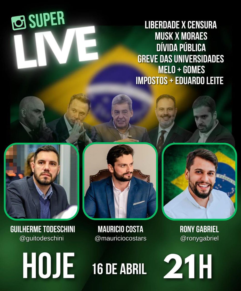 🚨HOJE🚨 Às 21h eu, @MauricioCostaRS e @Ronygabriel_ofc vamos fazer uma live para falar sobre alguns temas sensíveis da atualidade: Liberdade🗽x censura 🙊 Musk x Moraes Dívida pública de Lula 💣 Greve nas universidades 🛑 Acompanhe no Instagram: instagram.com/p/C51pjryuhRz/…