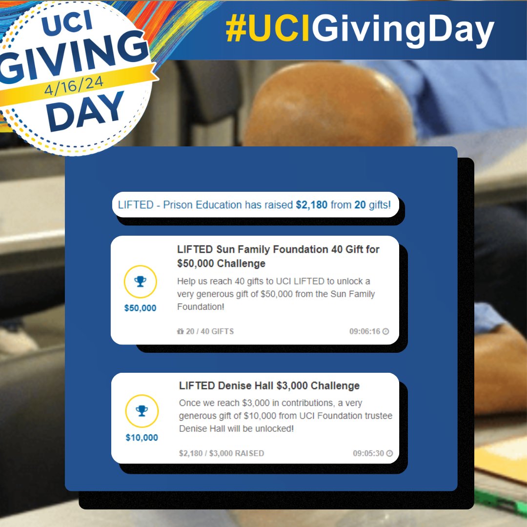 UciLifted's tweet photo. We're 9 hours away from wrapping up! Let's keep pushing to accomplish these challenges. Every bit of support counts! 🌟 #UCIGivingDay #UCILIFTED #UCI #FinalHours #PushForChange
https://t.co/hNMNrgRW2N https://t.co/6tpHL0p2SF