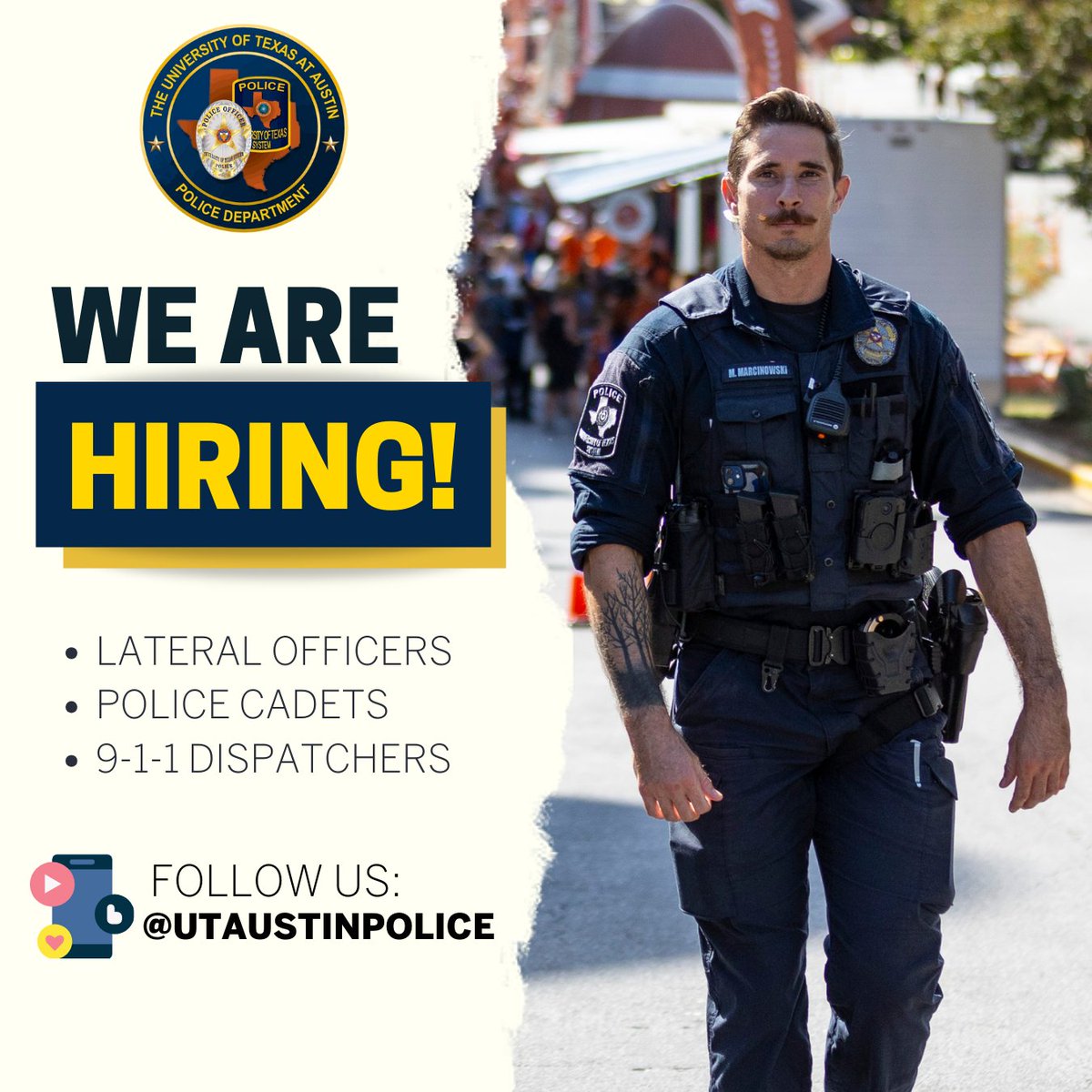 📢UTPD is looking to hire lateral officers, new police cadets, and 9-1-1 dispatchers! Do you have a passion for helping others? Help keep UT Austin safe and apply to join our team today: police.utexas.edu/careers🤘🏾

#NowHiring #JoinUTPD #PoliceJobs #TexasJobs #UTJobs