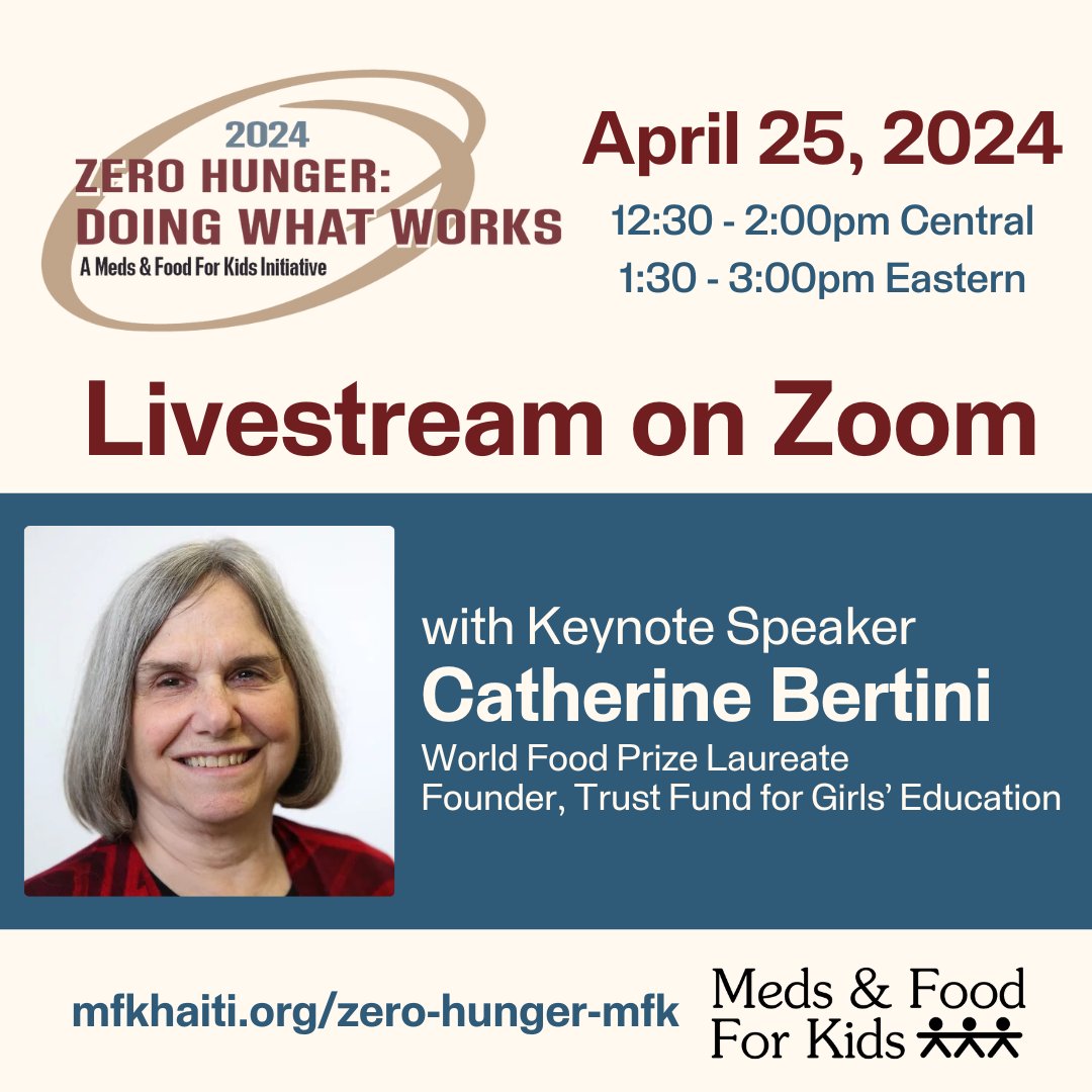 Join Zero Hunger: Doing What Works 2024 virtually!

Register for the livestream on Zoom: shorturl.at/vzAU1
April 25, 2024
12:30pm Central

Hear from @WorldFoodPrize Laureate Catherine Bertini and other experts on solutions to domestic and global hunger.

#ZeroHunger #SDGs