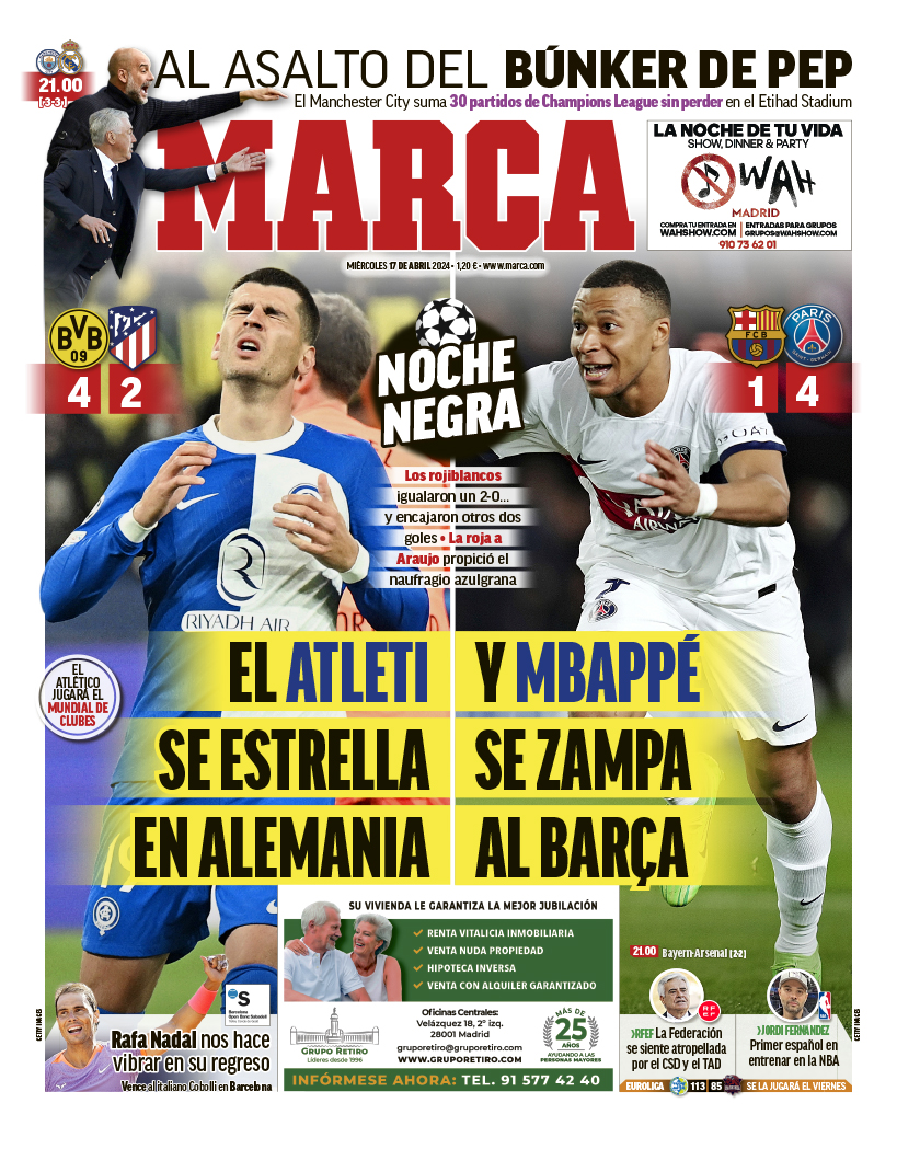 #LaPortada 🗞️ El Atleti se estrella en Alemania... y Mbappé se zampa al Barça #ChampionsLeague