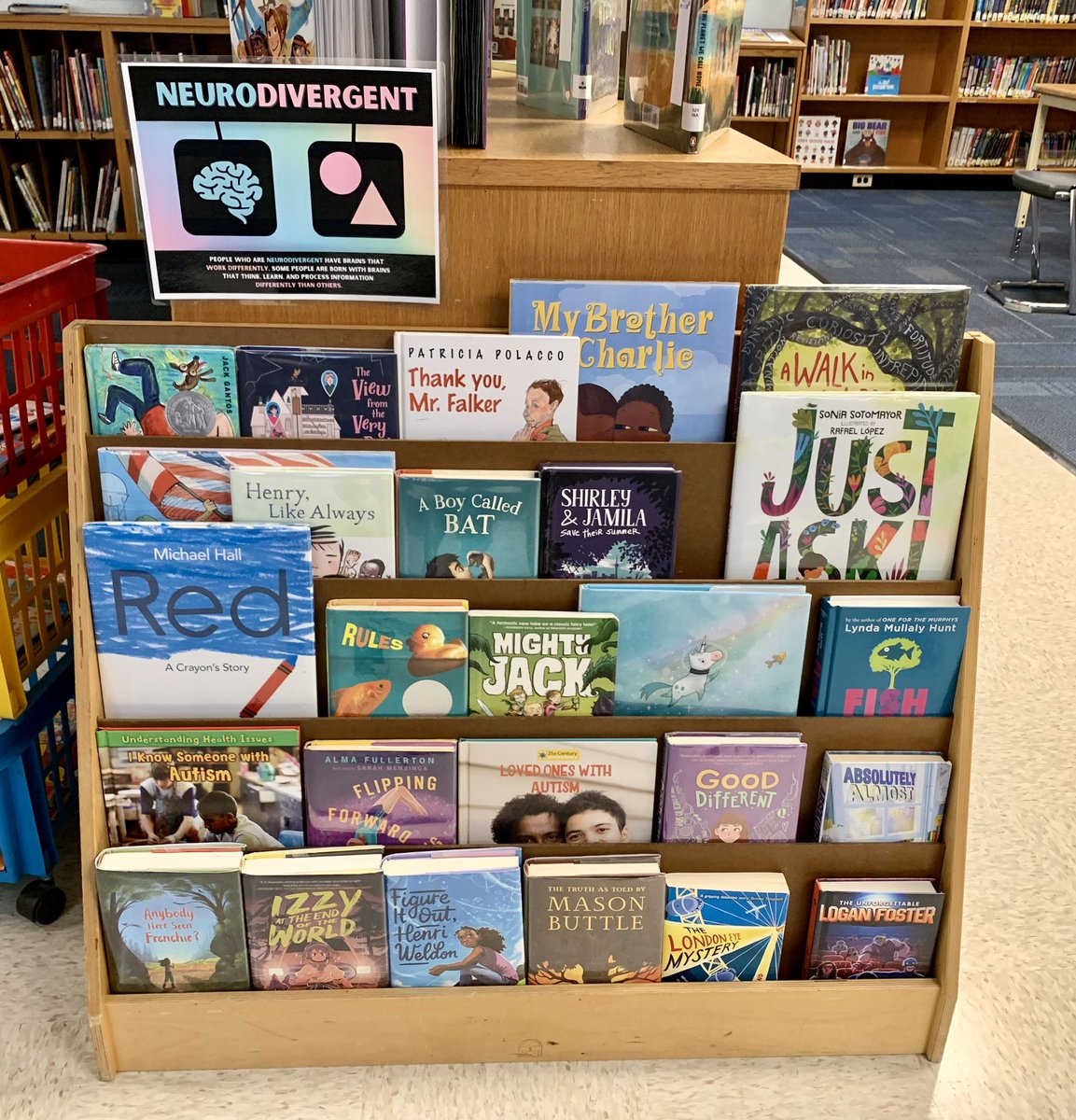 This week’s front-facing book display features books for all grade levels about neurodiversity and books with neurodiverse characters. There are already a lot of empty spaces on the shelf! #schoollibrary