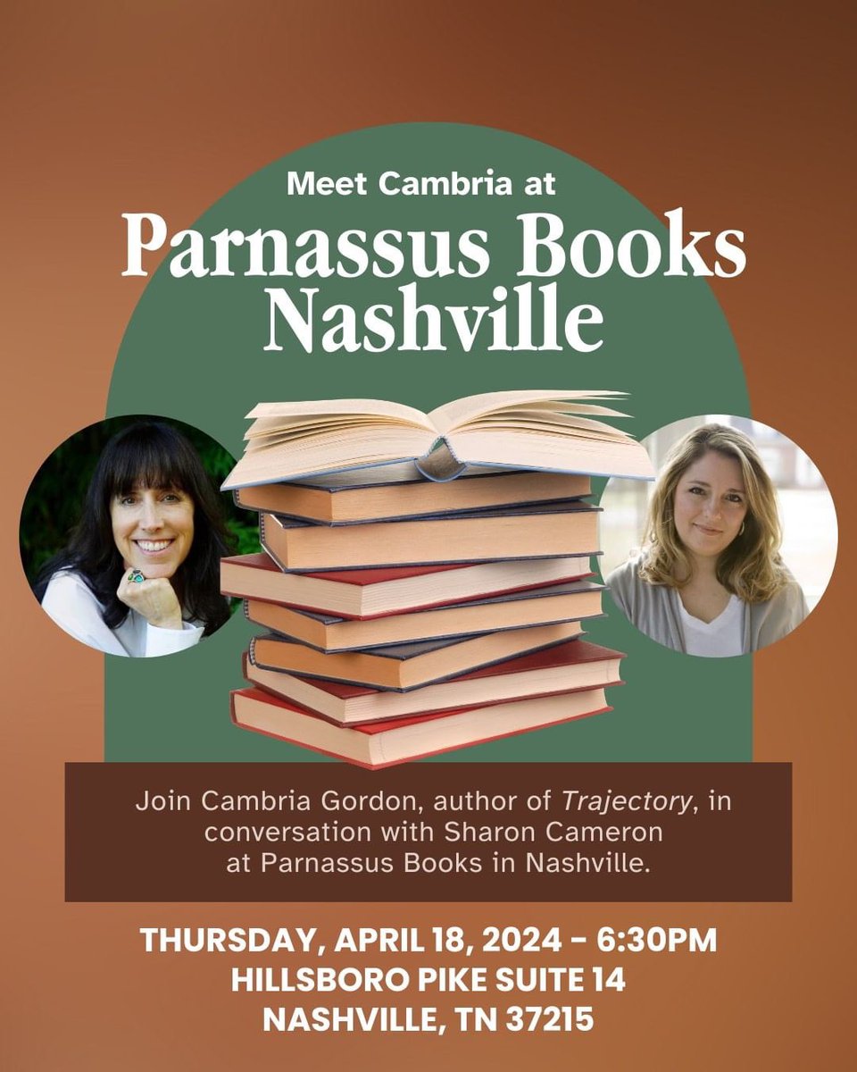 Meet @cambrialgordon! I'll be in conversation with her on Thursday, April 18th at 6:30 PM @ParnassusBooks1 in Nashville! We'll be discussing her latest release, TRAJECTORY, and diving into all things historical fiction. Register here (it's free!) parnassusbooks.net/event/store-ca…