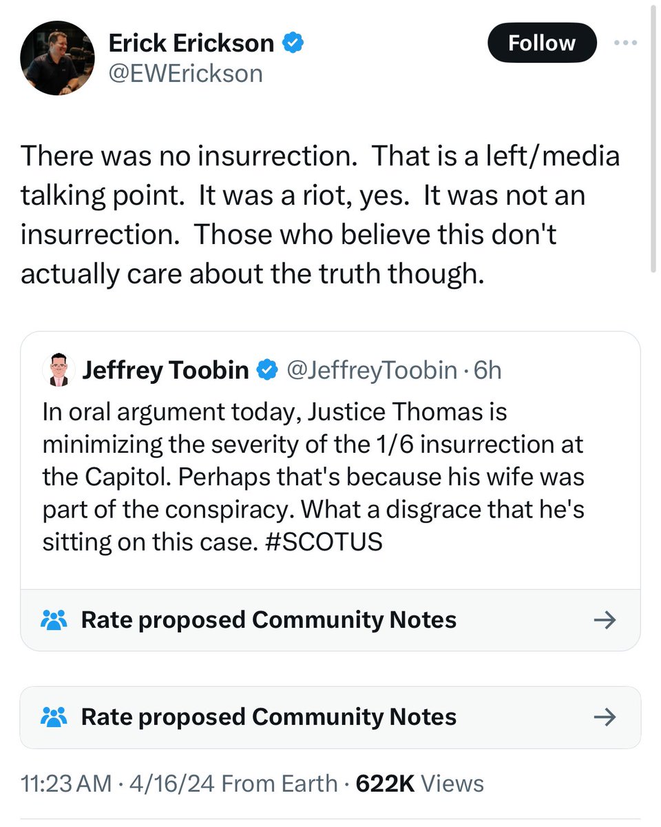 On January 11, 2021 @EWErickson believed a Trump-inspired insurrection had taken place on January 6. By 2024, it’s dismissed as “a left/media talking point.”