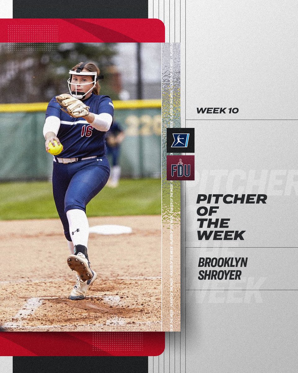 NCAASoftball's tweet photo. This week’s Pitcher of the Week is Brooklyn Shroyer of @FDUKnightsSB!

@michellachester breaks down her Pitcher of the Week from Week 10. Who is yours? 🤔

#NCAASoftball https://t.co/EiEilpIThN