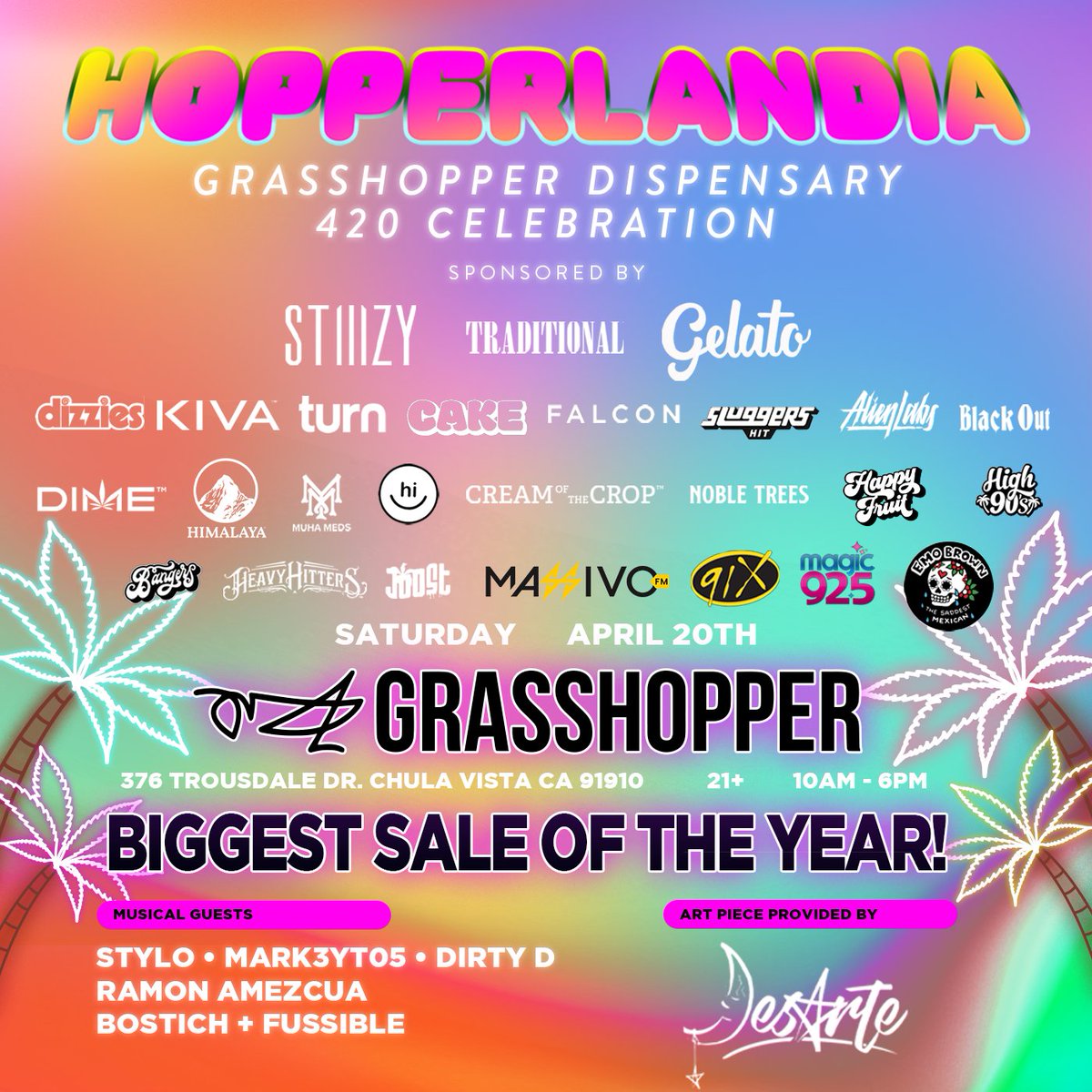 HopperLandia is gearing up to be stacked this year! Free food, games, music and much much  more🎉 Get over to Grasshopper on 420 and celebrate the best day of the year with good vibes👏 Musical guests: @bostich @nortecbf @dj_dirtyd_ @stylosounds @mark3yt05
#chulavista #sandiego