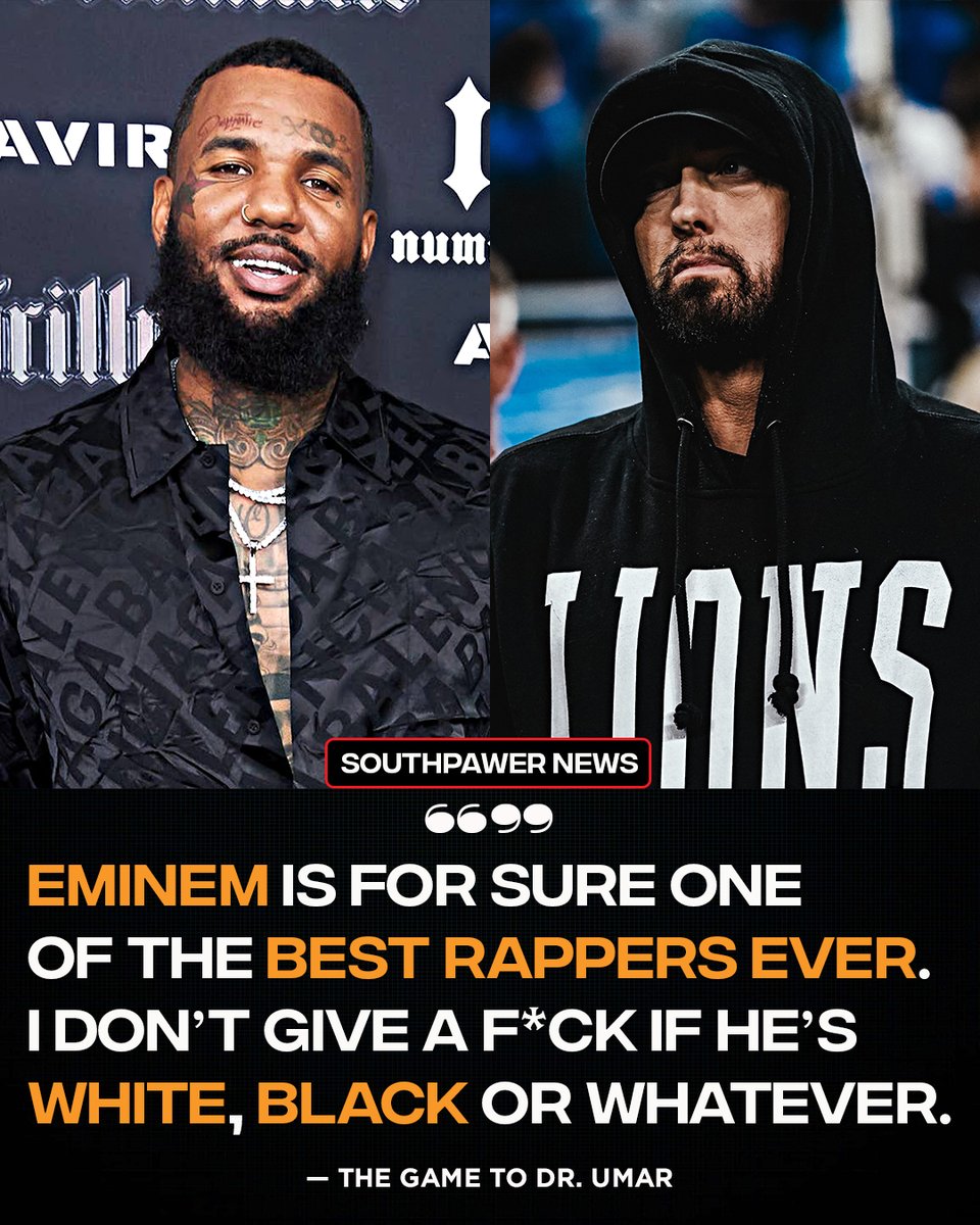 Southpawer's tweet photo. In a new interview with DJ VLAD, The Game responds to Dr. Umar saying Eminem can't be one of the greatest rappers of all time because he's white 👀

Watch the interview in comments 👇 https://t.co/vXavm0AYJK