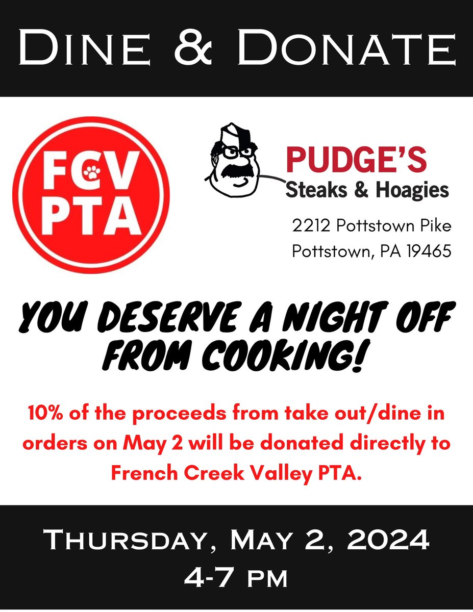 Take a night off from cooking and join us at Pudge’s on Thursday, May 2nd from 4:00-7:00 pm.  A portion of the proceeds will benefit our FCVPTA! #WhatMakesFCSpecial ❤️