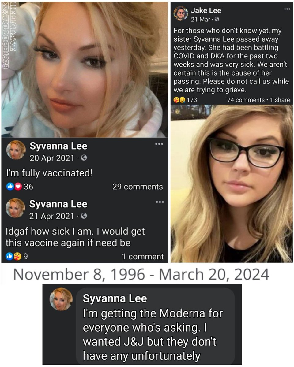 Texas: 'I'm getting the Moderna.' 

'My sister Syvanna Lee (27) passed away yesterday. She had been battling COVID and DKA for the past two weeks and was very sick. We aren’t certain this is the cause of her passing.'

#DiedSuddenly (March 2024)

lakewoodfuneralchapel.com/memorialpage.a…