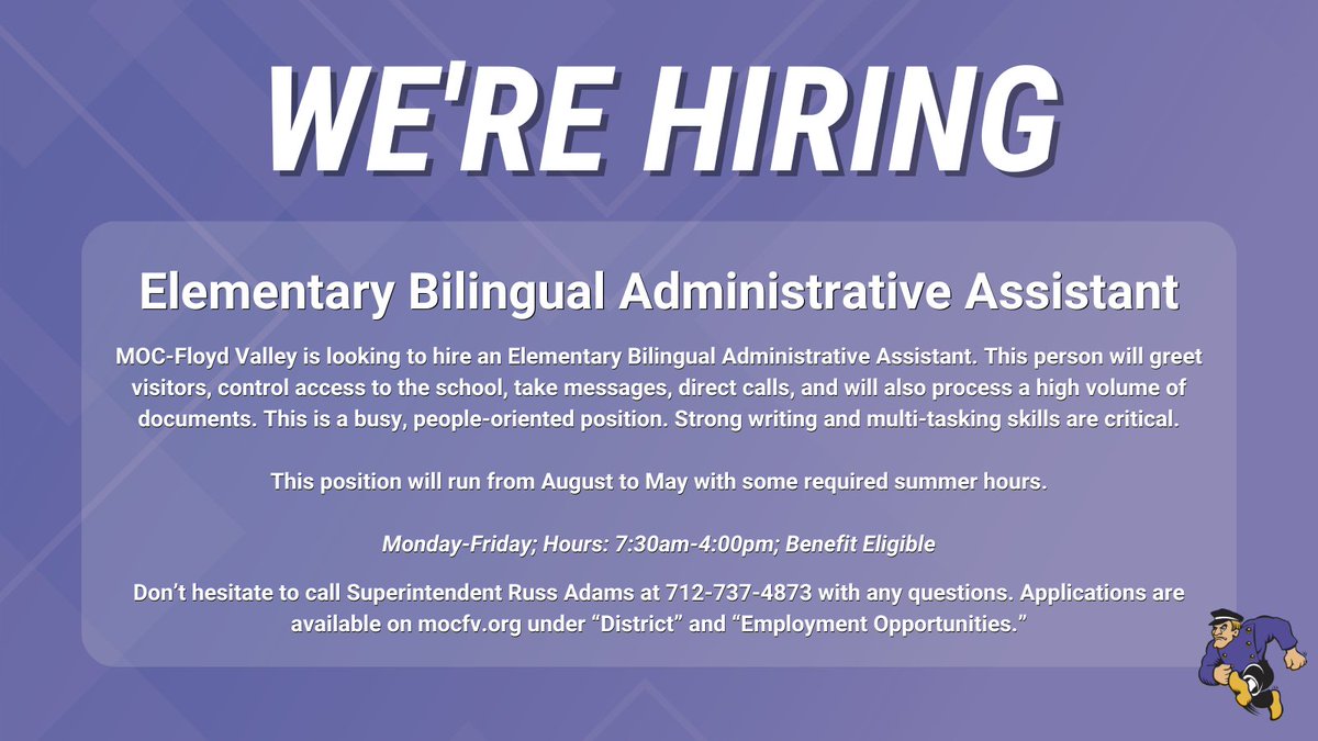 MOC-Floyd Valley is looking to hire an Elementary Bilingual Administrative Assistant! To apply, visit mocfv.org/index.php/dist…. We look forward to hearing from you!