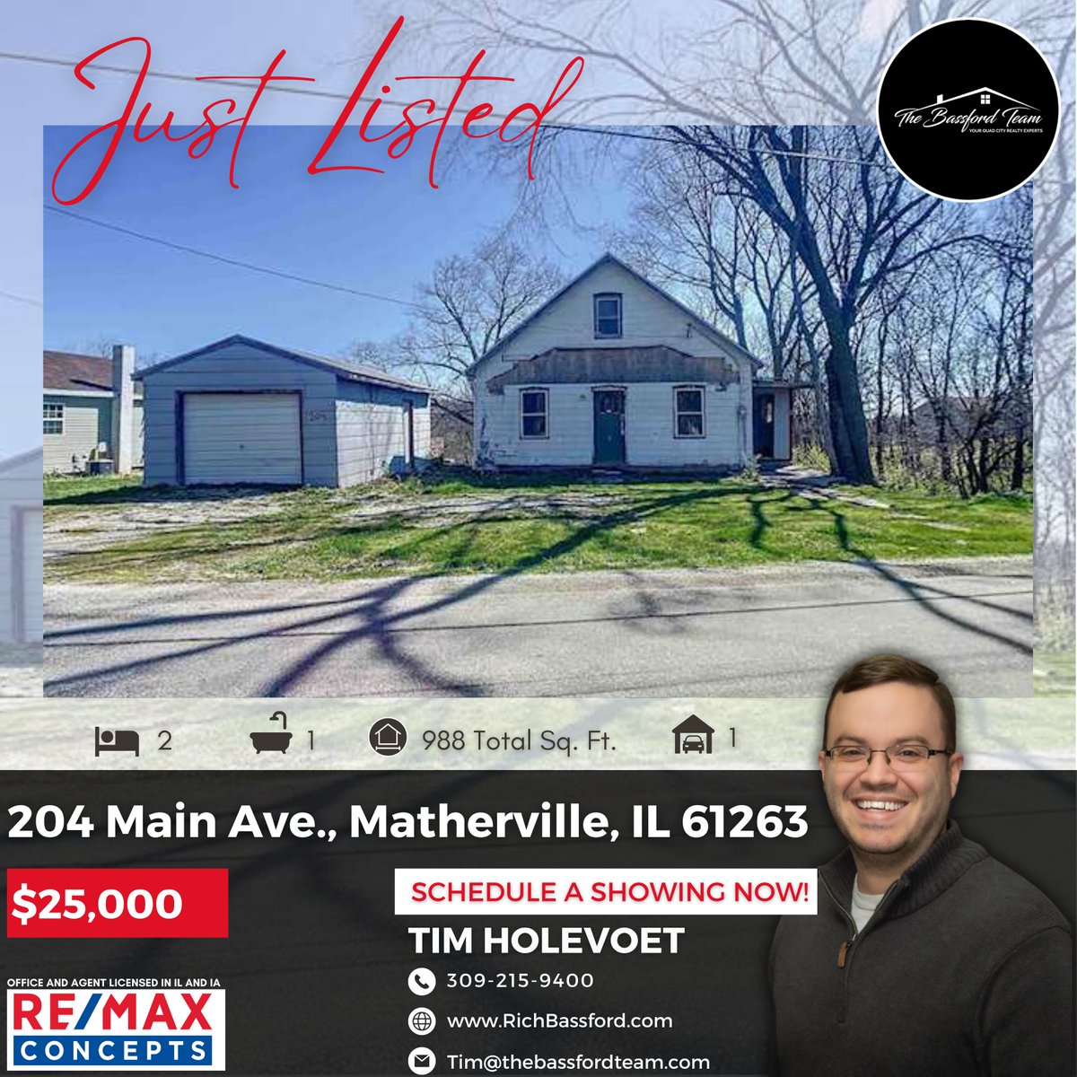 🚪 Opportunity knocks! Embark on your next project with this 2-bed, 1-bath fixer-upper in Matherville. 🛠 
..
..
🔗👉🏻👉🏻👉🏻 richbassford.com/property-searc…
..
..
#quadcitiesrealtor #quadcitieshomesforsale #qcproperties #Mathervillehomesforsale #remaxconcepts #thebassfordteam #richbassford