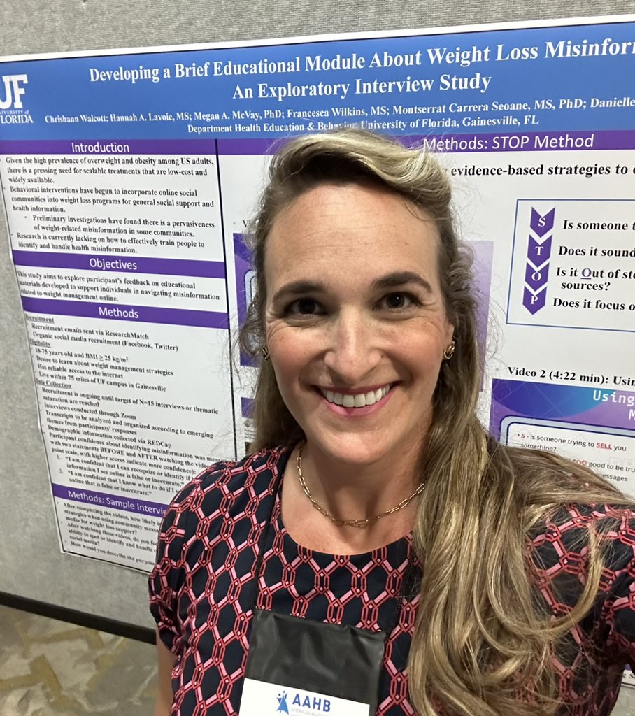 Great time sharing the protocol for our educational videos about weight-related #misinformation online using our STOP method— hopefully full results will be published soon! Great work by @UF_HHP @ExhaleLab student Chrishann Walcott to lead these interviews! #AAHB2024 #AAHB