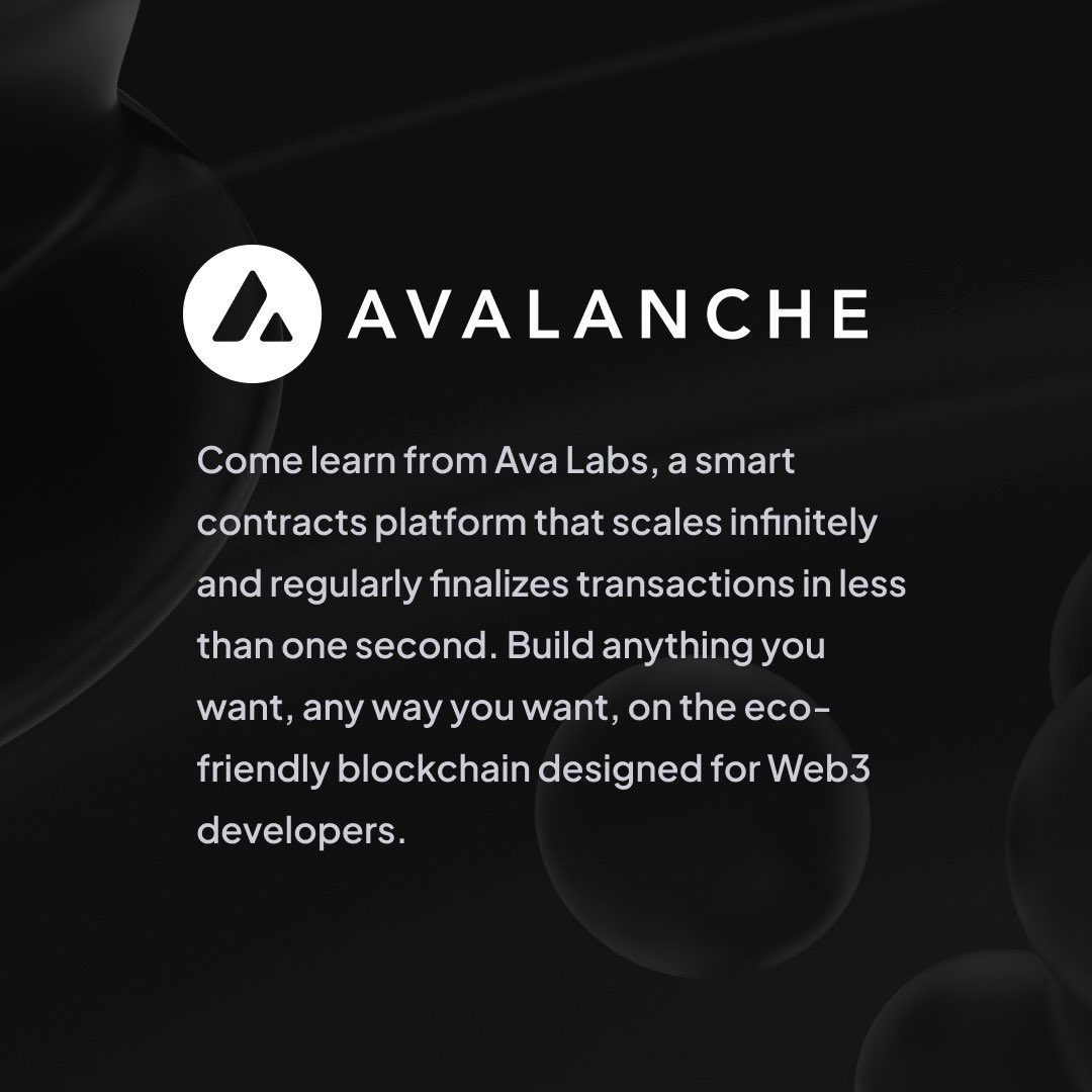 📣 Building Your Own Blockchain with Avalanche 📣 April 18th 5:30PM Come learn from Ava Labs, a network of networks that enables smart contracts of any virtual machine! Build anything you want, any way you want, on the eco-friendly blockchain designed for Web3 developers.