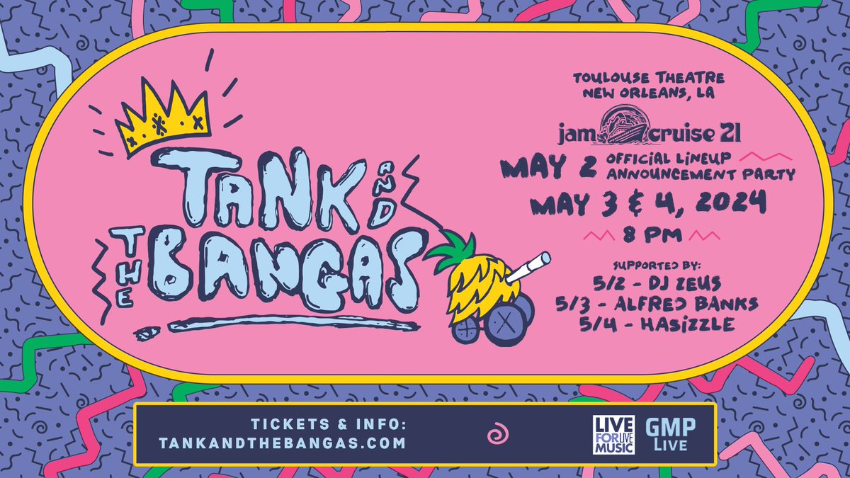 .@TankandDaBangas are gearing up for a run of special, intimate hometown shows at @toulousetheatre NOLA during #JazzFest, 5/2-5/4, where they'll be playing a different album each night. Grab tickets while they last! 🍍 👉 linktr.ee/tatbnola24