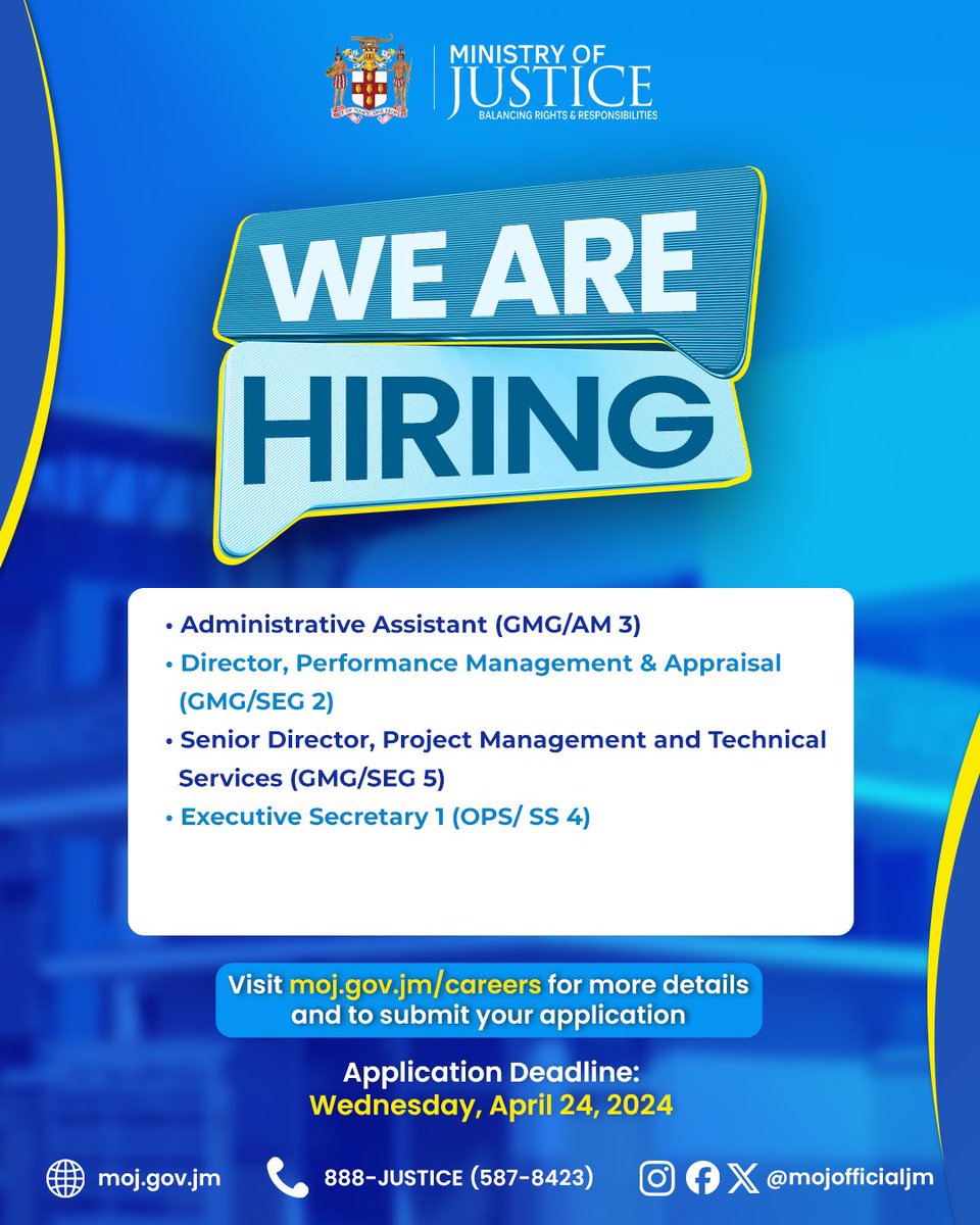 mojofficialjm's tweet photo. π’ Career Opportunity! Join our #FirstClassTeam!
Visit https://t.co/84gLC3pWdD for more details and to submit your application.
Application Deadline: Wednesday, April 24, 2024.
#FirstClassJusticeSystem https://t.co/exzX0p1wxi