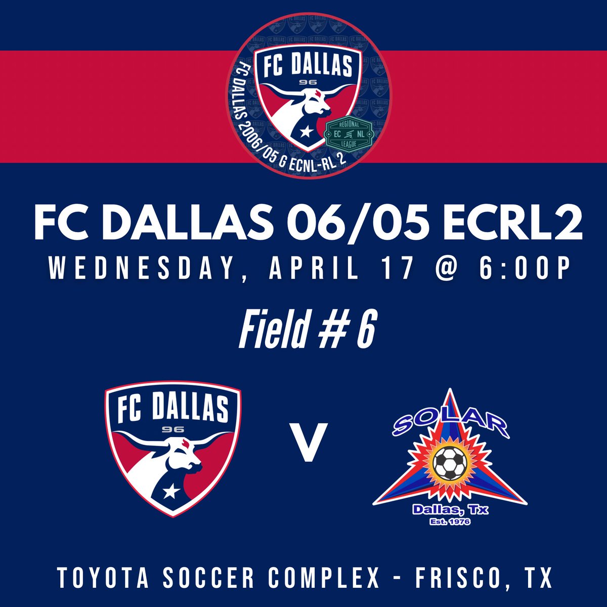 Another great matchup tomorrow vs Solar 06/05 ECRL‼️ ⚽️🏆 Always look forward to matching up with other top clubs in NTX 💪🏼@FCDwomen💙 #DTID