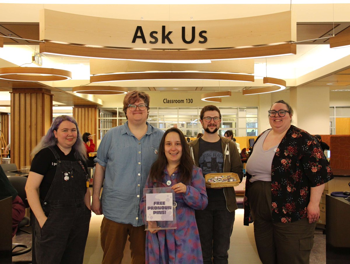 Congrats to library staff for their April 2024 Campus Kudos. UVic Libraries hosted a pronoun button-making workshop for all #uvic staff, producing buttons across nine different pronoun sets, emphasizing the urgent need for ongoing support and visibility for trans communities.