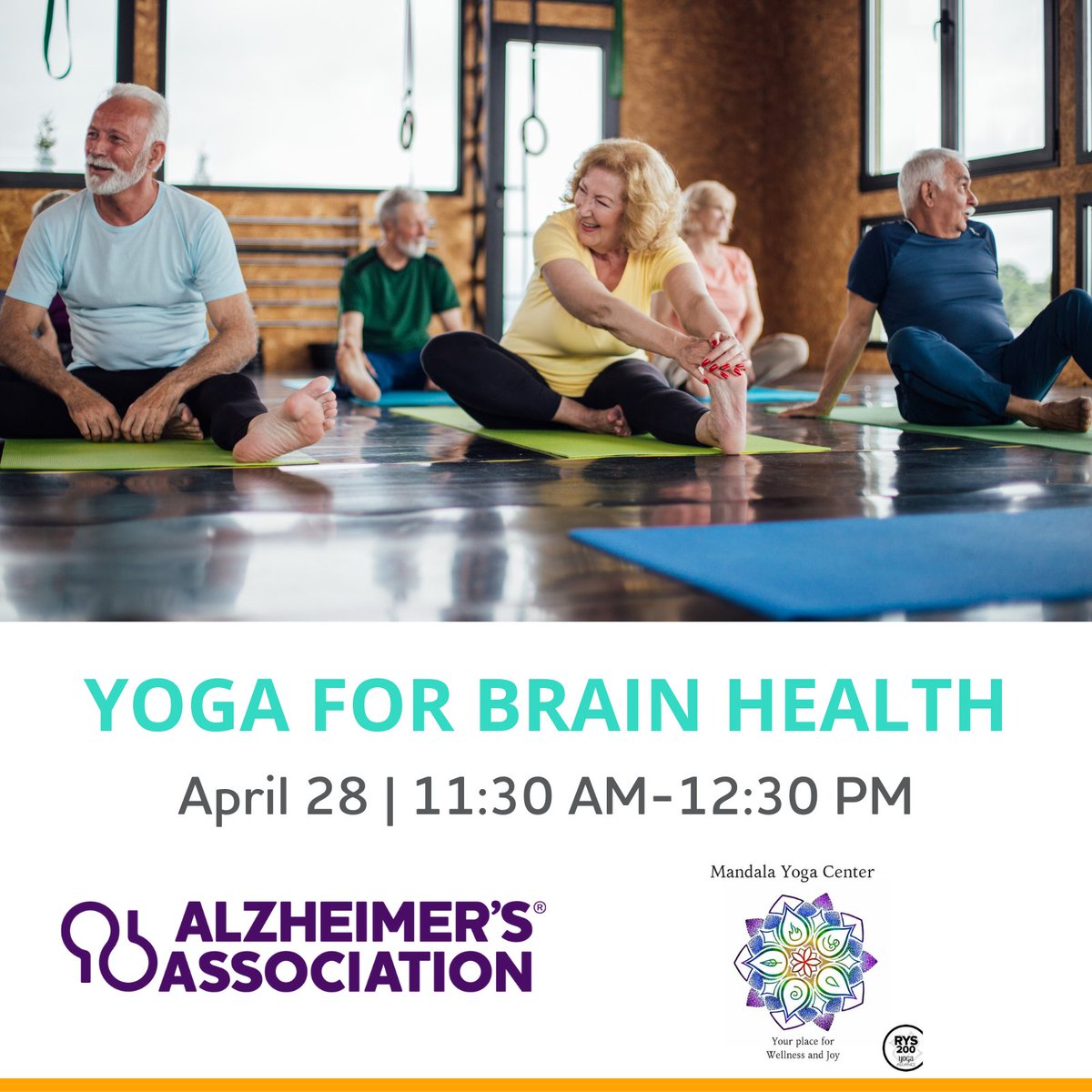 On 4/28 in Swansboro, in partnership with the @MandalaYoga_,  we're hosting “Yoga for Brain Health,” a free community class with 30 minutes of yoga and 30 minutes of brain health tips. All ability levels are welcome. tinyurl.com/ALZyoga1 #SwansboroNC #OnslowCountyNC #ENDALZ