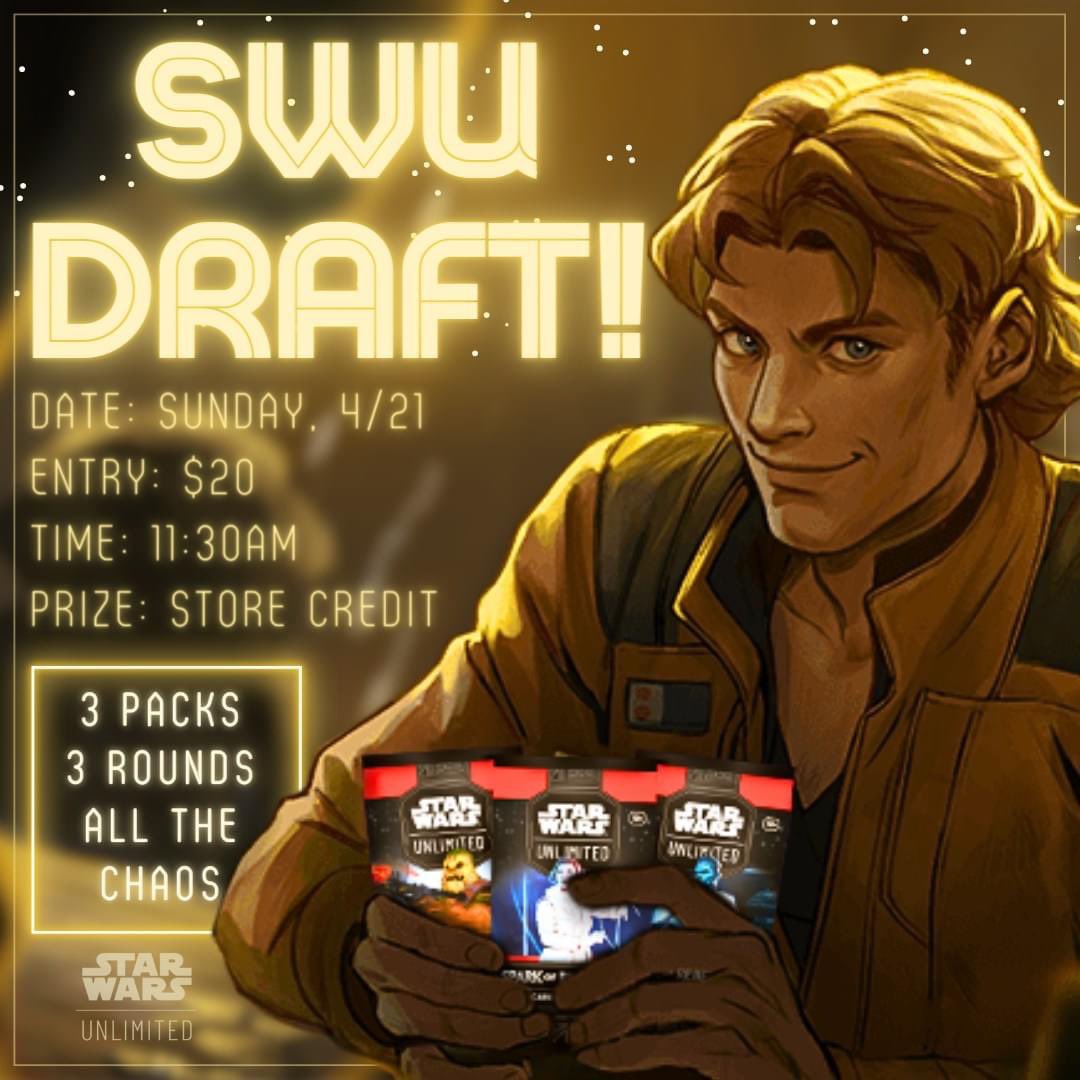 ✨ SUNDAY SWU DRAFT! ✨ SUNDAY 4/21, we'll be doing a draft style tournament where everyone who enters will receive 3 packs to draft with! This is going to take a lot of grit, cunning & a little rebellion, so make sure you show up and strike first! 🔥