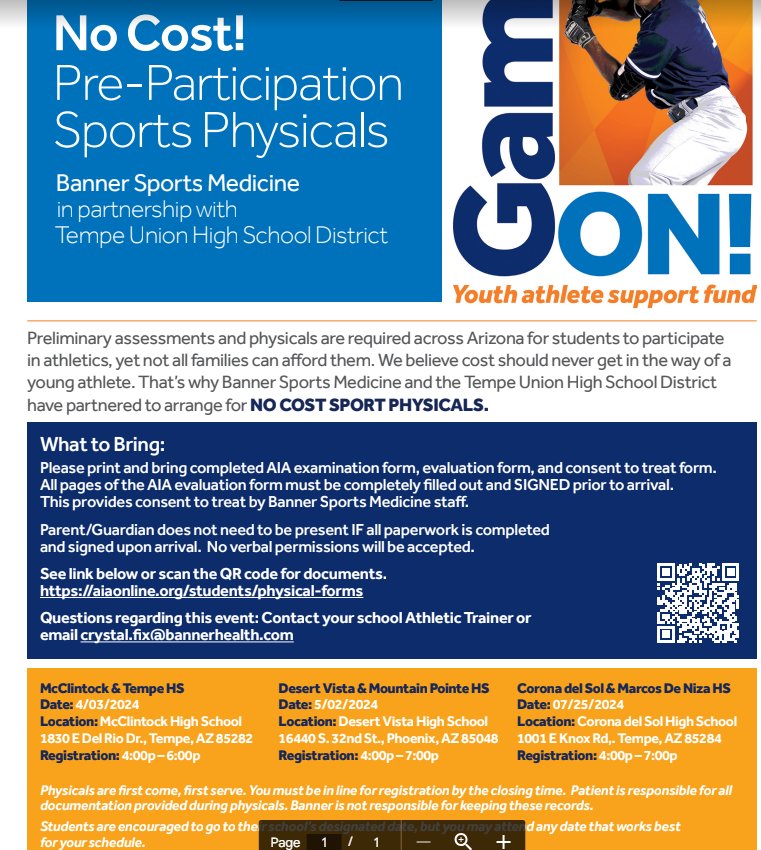 🚨No Cost Sports Physicals🚨 Free physical clinic being put on by Banner Sports Medicine. There are two different physicals being hosted by: DV 5/2 and CDS 7/25. Feel free to reference the flyer for any questions and send it out to your athletes.