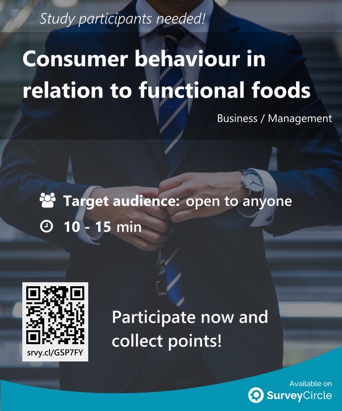 Participants needed for top-ranked study on SurveyCircle:

'Consumer behaviour in relation to functional foods' surveycircle.com/GSP7FY/ via @SurveyCircle #univgroningen

#ConsumerBehaviour #FunctionalFoods #PersonalityTraits #decisionmaking