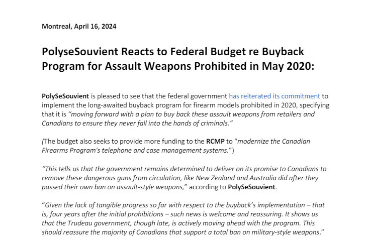 .@liberal_party gvt reiterates commitment to buyback firearm models prohibited in 2020, specifying it's “moving forward with plan to buy back these #AssaultWeapons from retailers & Canadians to ensure they never fall into the hands of criminals.” Release: polysesouvient.ca/Documents_2024…