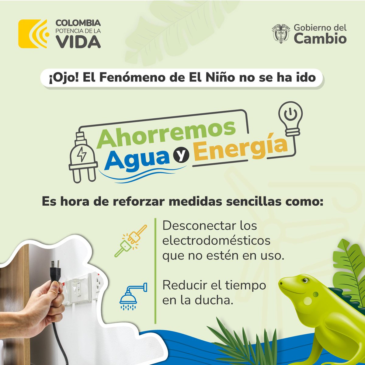 ¡El Fenómeno de El Niño sigue aquí y debemos tomar medidas para cuidarnos! 💦 🚰 Únete a la campaña nacional de #AhorremosAguaYEnergía. Puedes empezar desconectando electrodomésticos que no estén en uso y reducir el tiempo en que utilizas el agua de tu hogar. 🚿⚡